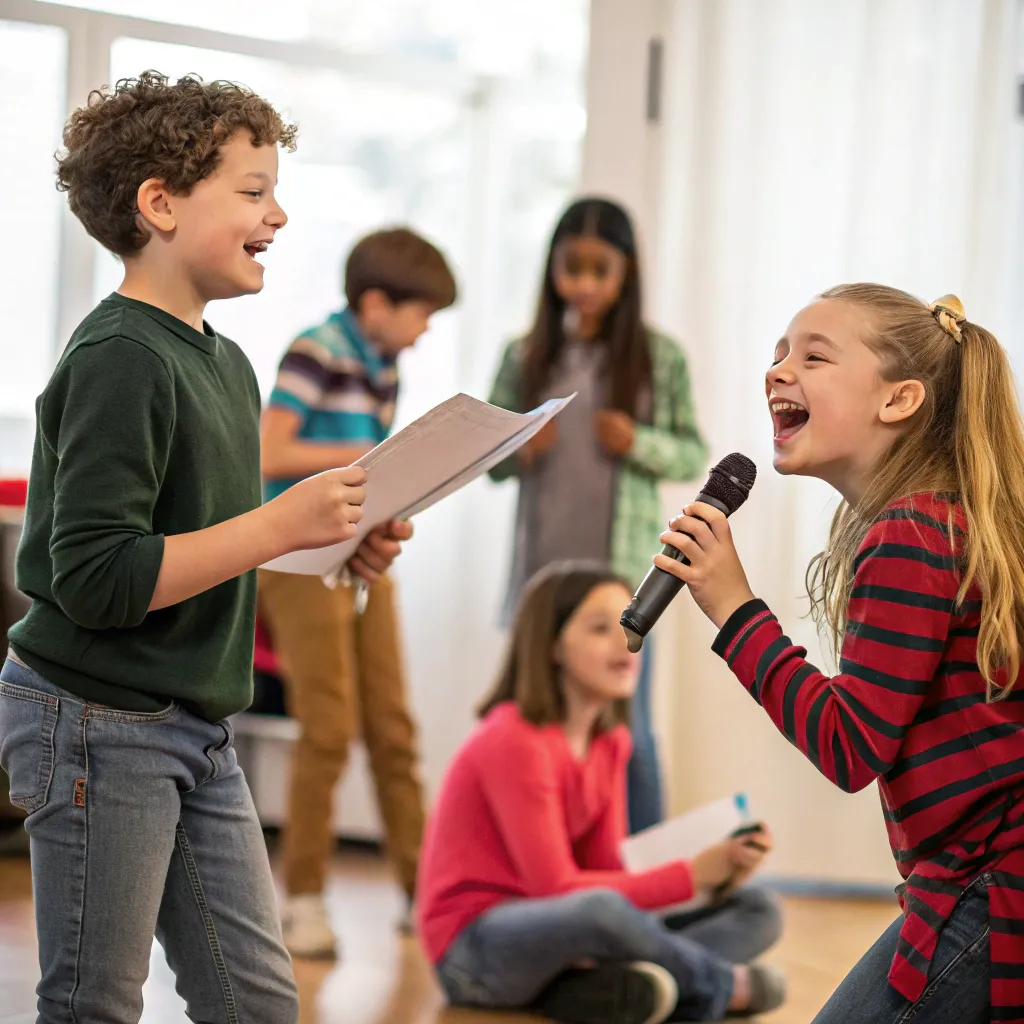 Children participating in an improv workshop